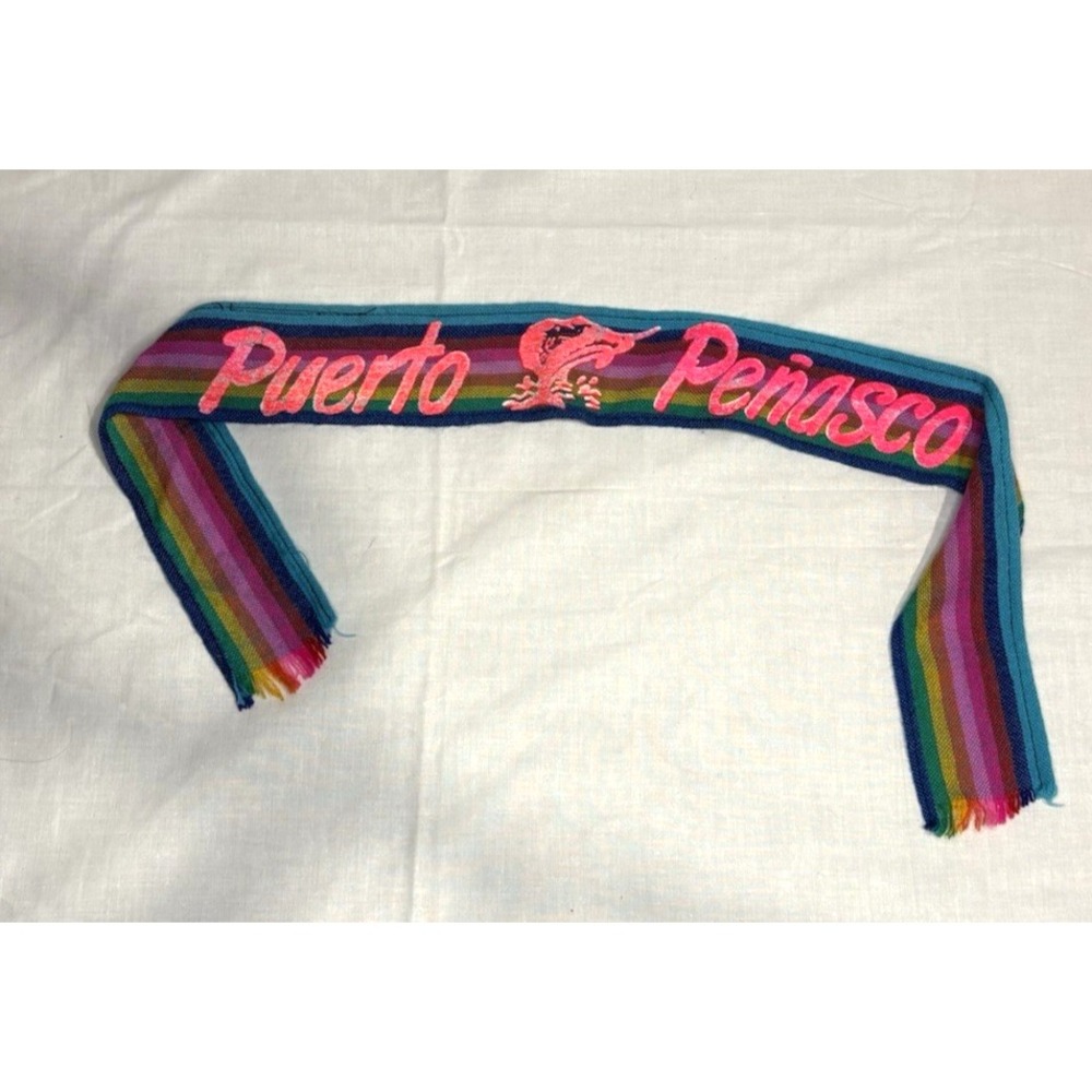 Vintage Puerto Peñasco Mexico Woven Souvenir Headband Rainbow Serape Stripe 34''